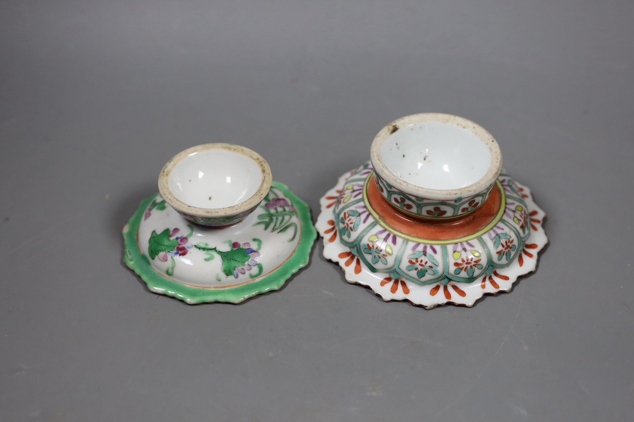 A Chinese Straits enamelled porcelain stem dish, together with a smaller footed koi famille rose stem dish, both late 19th/early 20th century, Largest 12cm diameter